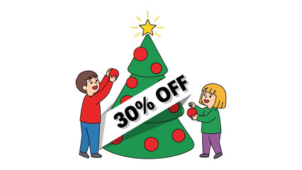Holiday Savings: Animated duo decorates a vibrant tree, with a festive price-cut sign showcasing the spirit of seasonal offers. 