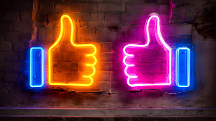 Neon social media like thumbs up sign on brick wall