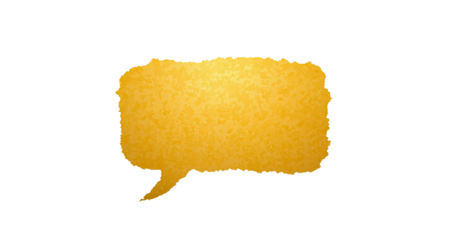 A digital illustration of yellow speech bubble with textured, torn paper effect.