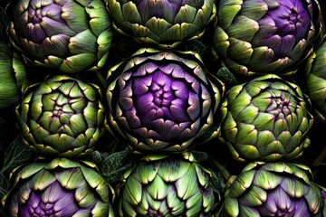 Fototapeta premium Close-up group artichokes artichoke heads are arranged circular Close up of raw