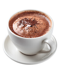 Obraz premium Steaming hot chocolate in a white mug with foam and cocoa powder topping