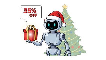 Festive Bot's Discount Delight: A charming robot adorned in a Santa hat, holds a gift box promising a 35% discount, with a decorated Christmas tree in the background.