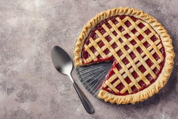 Freshly baked pie lattice crust top is placed Whole piecalled 'Linzer Torte'