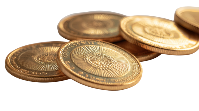 Pile of shiny gold coins with intricate patterns on a dark background