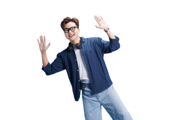 Joyful Greeting with Headphones: A vibrant and youthful individual, exuding a sense of enthusiasm, extends a welcoming gesture. They are dressed in casual attire, augmented by a pair of headphones.