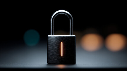 A padlock with a glowing orange line on it is shown which has a dark background and blurry circles of light around the lock.