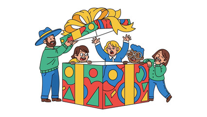 Surprise Gift Unveiling: A group of friends is joyfully surprised to open a large gift box. The image radiates excitement and happiness. 