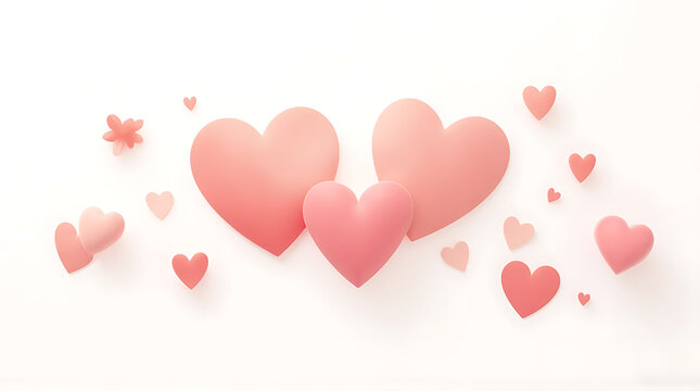 Romantic background with 3D pink hearts on a white surface for Valentine's Day and love themed