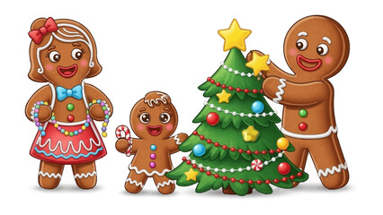Gingerbread Family Decorating: A gingerbread family decorates a festive christmas tree, radiating warmth and the joy of togetherness.