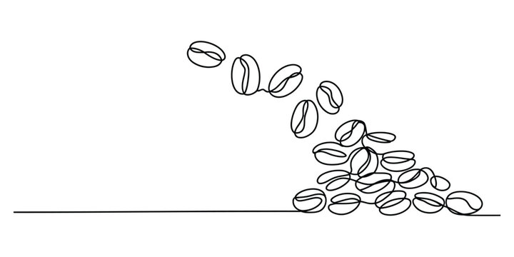Minimalist continuous line drawing of falling coffee beans cascading onto a surface vector