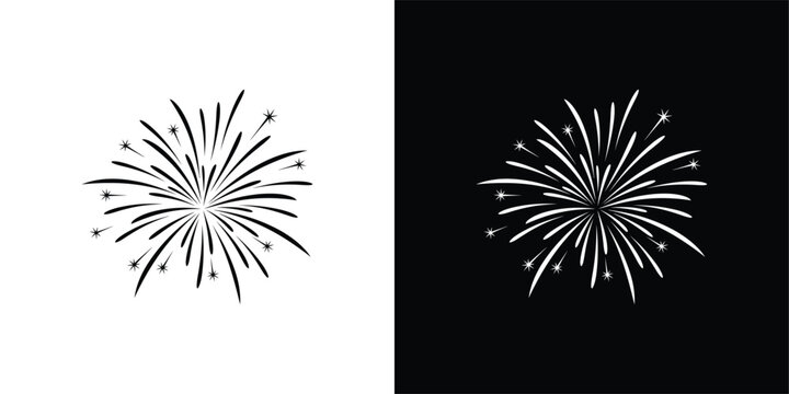 Fireworks with Stars Line Art Vector, Black and White Minimal Illustration for Celebration, Festival, and Holiday Decoration Designs