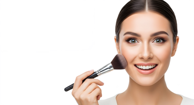 young woman applying mascara with brush on transparent background