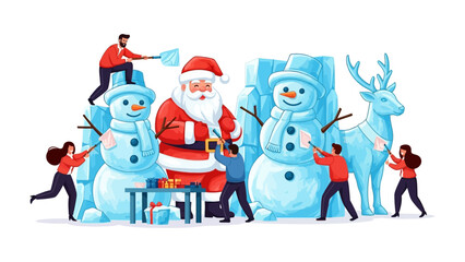 Crafting Festive Fun: A group of creative individuals collaborates, sculpting joyful holiday figures of snowman, Santa, and reindeer. Together, they create a heartwarming scene of festive creativity.
