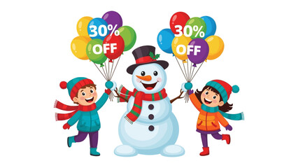 Festive Winter Sale: Two excited children and a jolly snowman share festive balloons with sale offers to bring holiday cheer.
