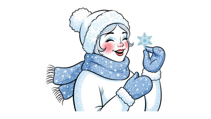 Enchanting Winter Moment: A young girl, bundled in winter attire, gazes with wonder at a delicate snowflake, capturing the magic of the season.