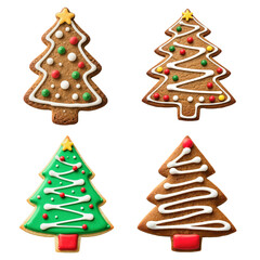 Decorated gingerbread cookies shaped like Christmas trees with colorful icing and candy, festive holiday dessert.