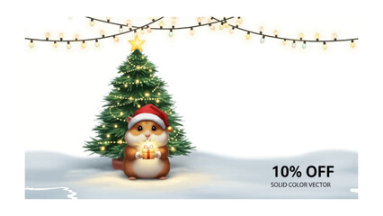 Holiday Hamster's Gift: A charming hamster, adorned in a festive Santa hat, stands before a twinkling Christmas tree, clutching a tiny gift box amidst a whimsical winter scene.