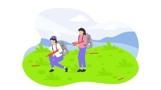 Man and Woman in Summer Camp at Forest Collecting Brushwood animation, Adventure Awaits: Hiking Through Nature animated video,  Outdoor weekend Activity footage, Travel Holiday clip, vocation motion