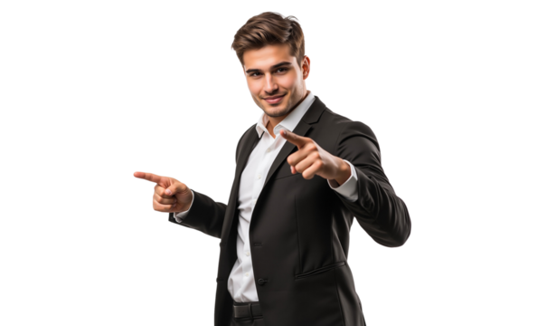 Confident businessman in a suit pointing forward and sideways, isolated on white background
