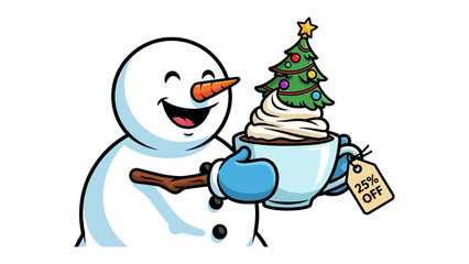 Festive Delight: A whimsical snowman, embodying the cheer of the season, offers a delightful cup of a Christmas-themed beverage, adorned with a miniature tree and a special discount.