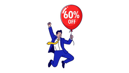 Sale Celebration: An excited individual jumps with joy, holding a red balloon that announces a generous 60% discount offer, illustrating excitement and great deals.