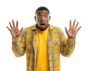 Shocked man expressing surprise in emotional reaction portrait isolated on transparent background