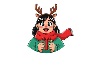 Holiday Cheer with Gift: A cheerful individual is ready for the gift-giving season, donning reindeer antlers and a festive scarf while holding a present, embodying the joy of celebration.