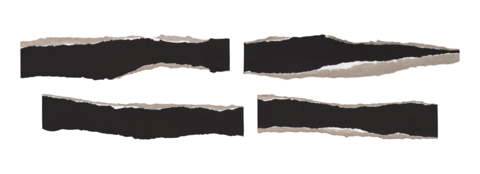 Black ripped paper placeholders with jagged edges, isolated scrap elements
