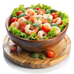 On a blue plate and in a wooden bowl over a white and transparent background Refreshing Shrimp Cocktail Salad, with a small side of tomato white background