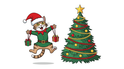 Festive Feline: A joyful feline, adorned in an elf costume, joyfully presents gift boxes, with a beautifully decorated Christmas tree.