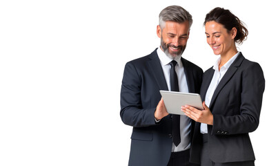 Two smiling business professionals, collaborating and reviewing content on a digital tablet, symbolizing teamwork and modern business