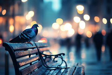 Beautiful dove perched on a city bench during downtown evening lights with urban atmosphere, generative ai street wildlife concept