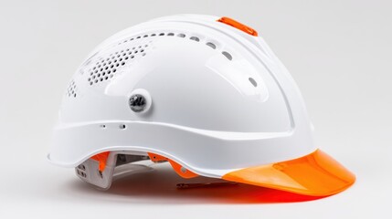 Fototapeta premium A white construction safety helmet with an orange visor sits on a flat surface. Designed for worker protection, it features ventilation and adjustable straps for comfort.