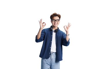 Positive affirmation gesture: A smiling individual, radiating positivity and confidence, makes the universally understood okay gesture with both hands, conveying an optimistic and approving message. 