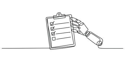 Robot hand completing checklist with single continuous line drawing vector