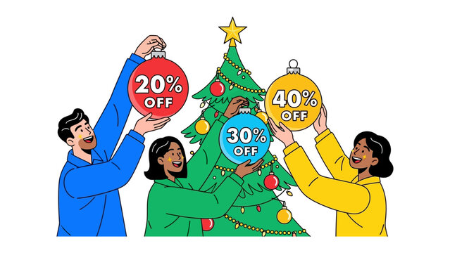 Festive Offerings: Illustration of people decorating a christmas tree with discount ornaments, evoking holiday cheer and savings.