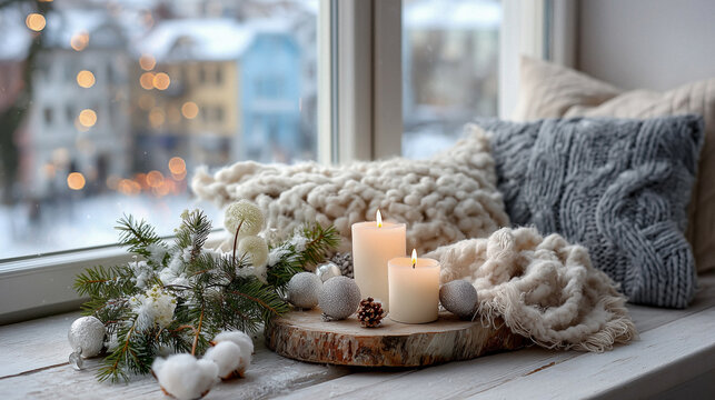 Gem&uuml;tliche Winterdekoration am Fenster mit Kerzen und Strickdecken &ndash; Hygge Atmosph&auml;re zuhause