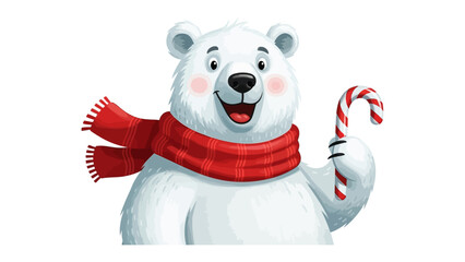 Polar Bear with Candy Cane: An adorable polar bear, adorned with a cozy scarf, holds a candy cane, evoking the festive spirit of the season. capturing the pure joy and triumph