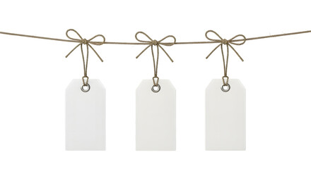 Three blank white price tags hanging on a string isolated on transparent background