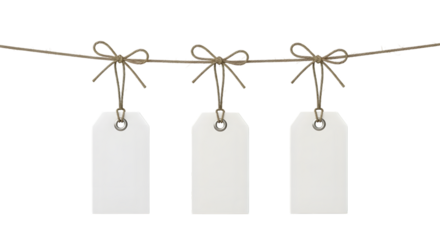 Three blank white price tags hanging on a string isolated on transparent background