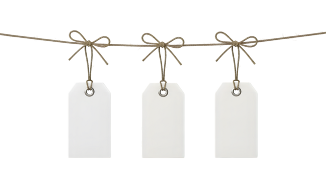 Three blank white price tags hanging on a string isolated on transparent background