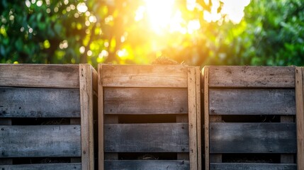 Fototapeta premium Sunlight shining over rustic wooden crates in a serene outdoor setting with green foliage in the background