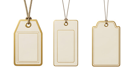 Three blank beige gift tags with gold trim and string hanging isolated on transparent background