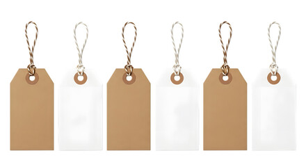 A row of six blank gift tags, alternating between brown kraft paper and white cardstock, hanging from strings and isolated on a transparent background