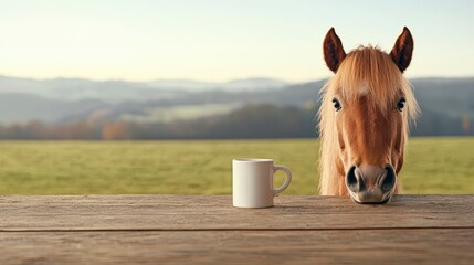 A curious horse peeking over a wooden table next to a white coffee mug in a serene countryside setting