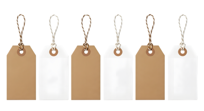 A row of six blank gift tags, alternating between brown kraft paper and white cardstock, hanging from strings and isolated on a transparent background