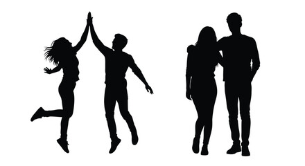 Silhouette of a joyful couple and a friend celebrating together happily