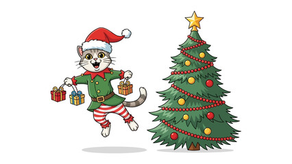Christmas Elf Cat and Christmas Tree: A festive illustration showcasing a cheerful cat dressed as a Christmas elf, joyfully holding gifts, alongside a beautifully decorated Christmas tree.