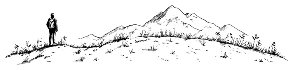 hand-drawn vector illustration of solitary hiker standing on mountain trail in outline style