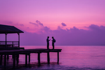 Fototapeta premium Two young adult men standing on wooden pier by water during sunset, one holding smartphone while talking to other, silhouettes visible against colorful sky, calm sea in background